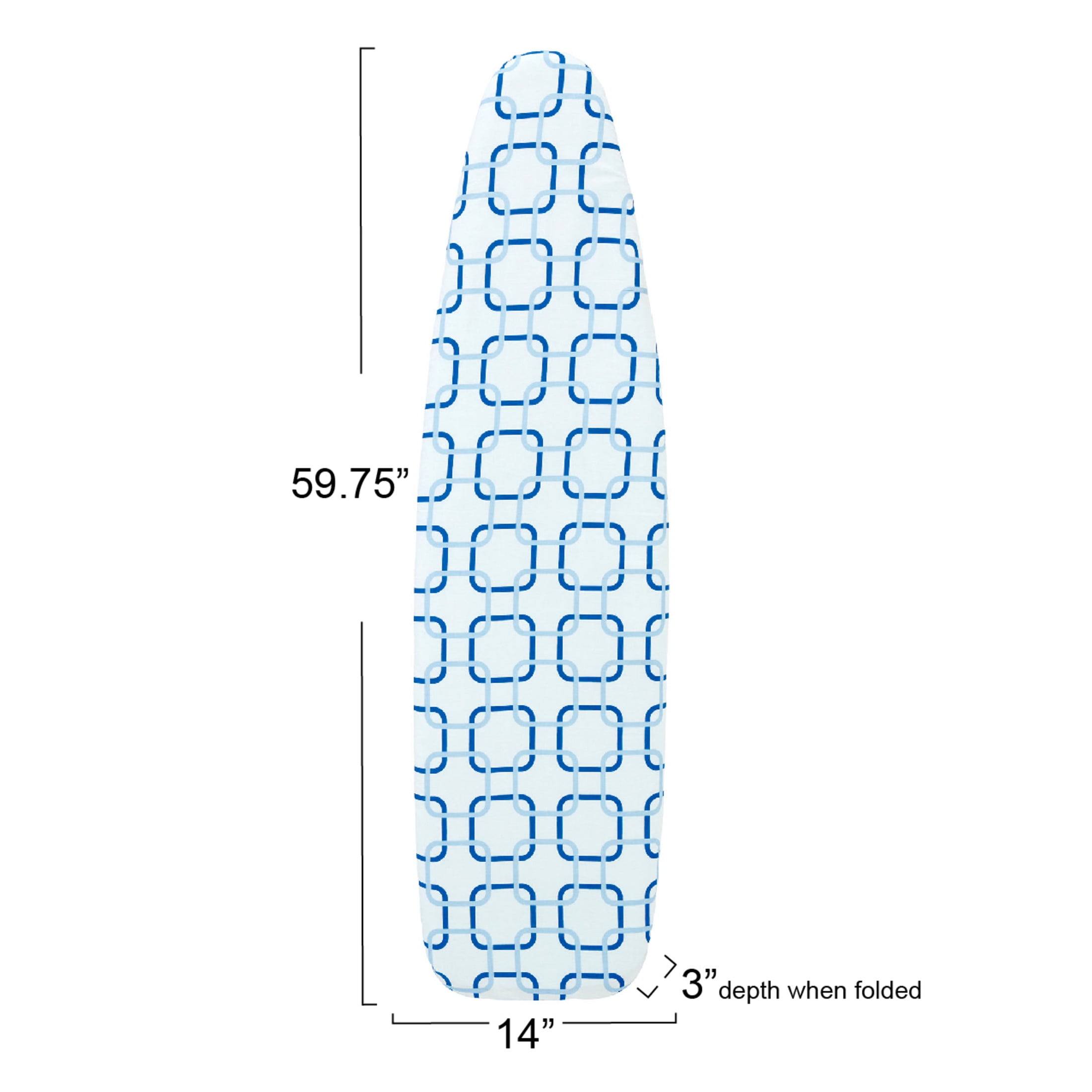 Household Essentials Arched T-Leg Ironing Board, Steel Top and Strong Metal Frame, Heat-Resistant Cotton Cover with Fiber Padding, Silver Frame, Blue Geometric Pattern with Matching Feet