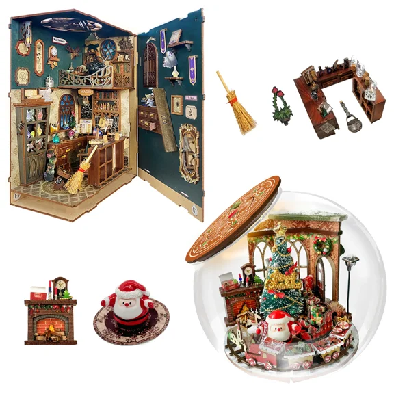 Strucwood 2-Piece DIY Book Nook Kit Set: 3D Wooden Puzzles with LED & Dust Cover,Gifts for Adults(SW-0204)