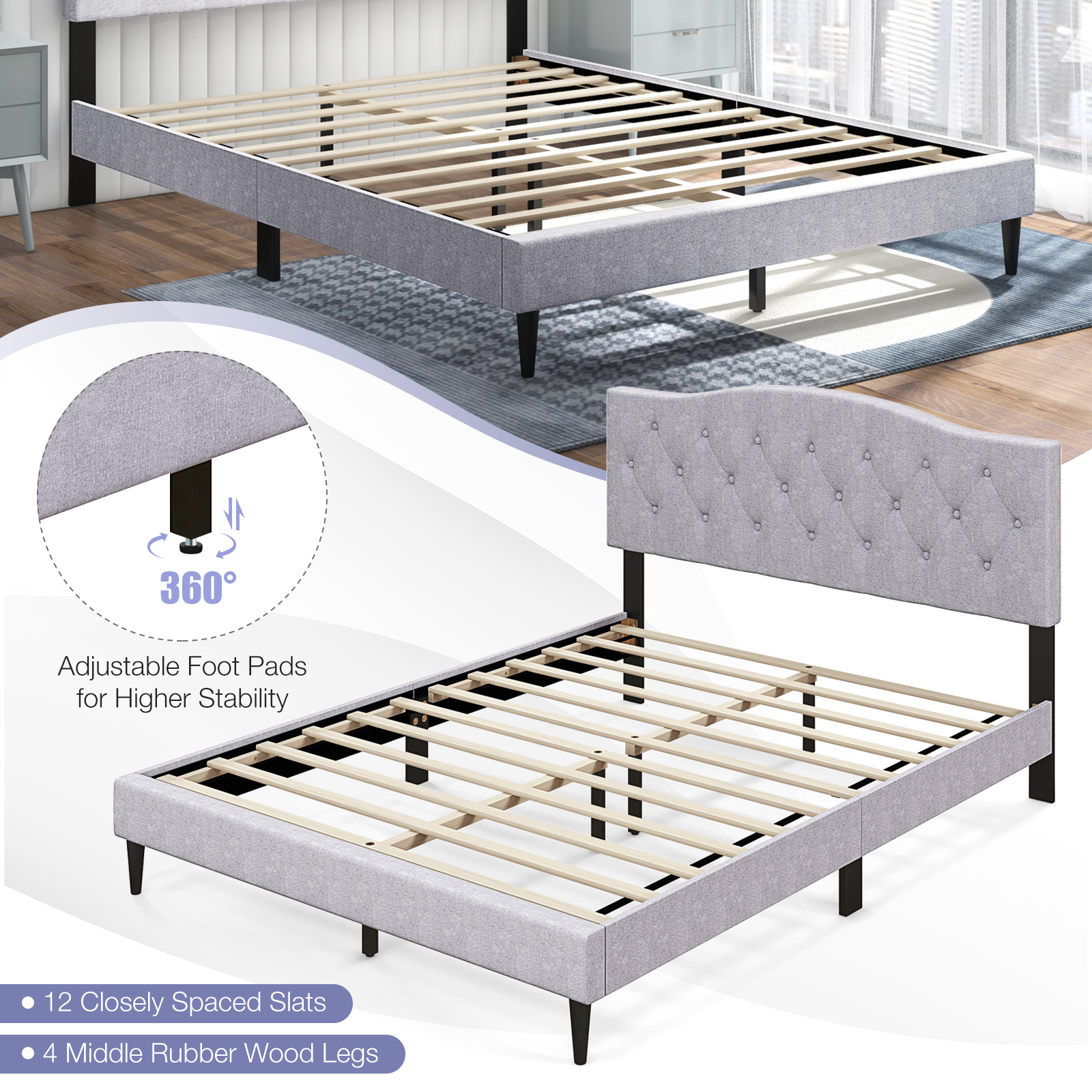 Infans Queen Size Upholstered Platform Bed Linen Bed Frame w/ Button Tufted Headboard
