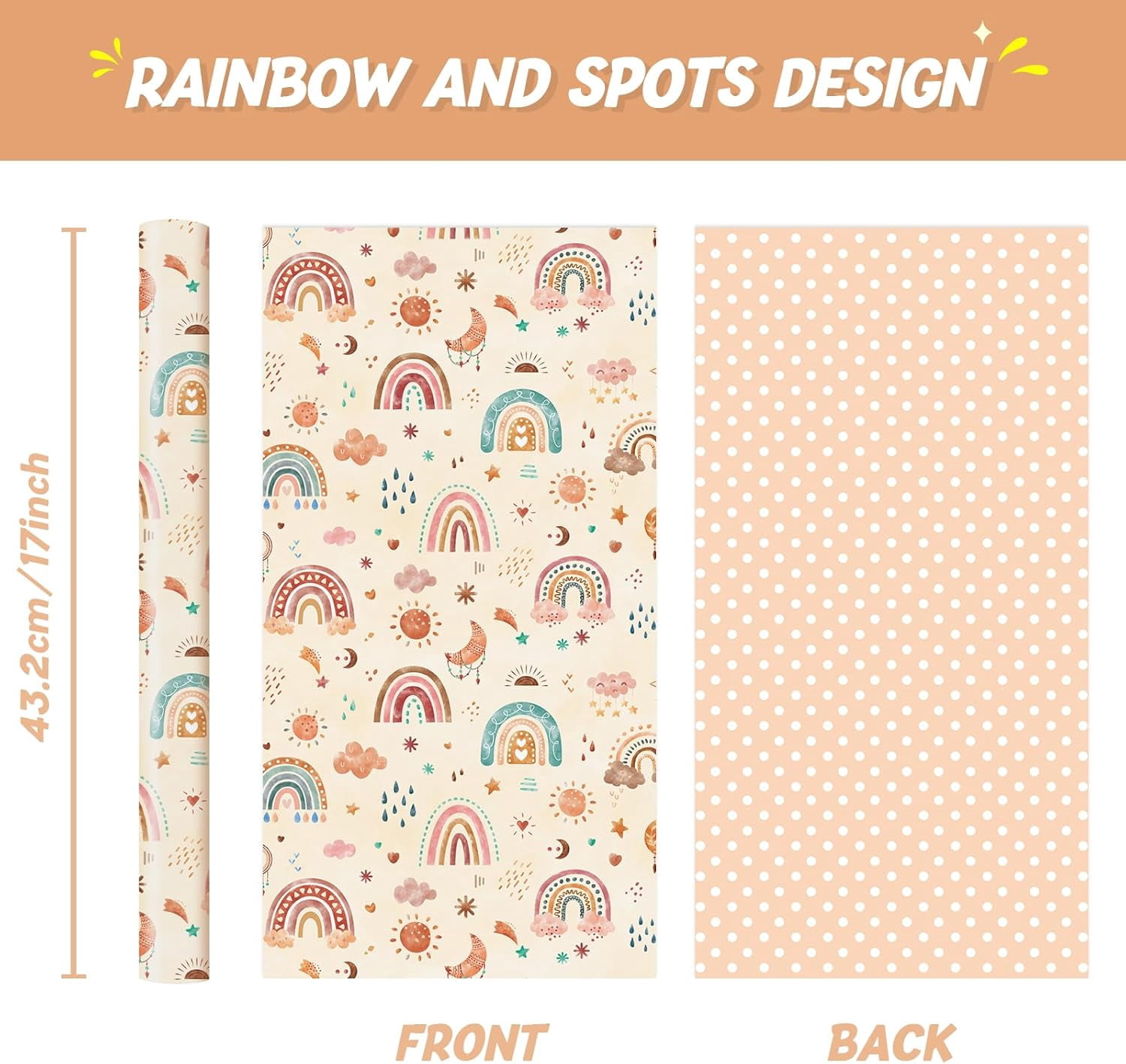 Rainbow Gift Wrapping Paper Roll - 1 Roll 17” x 33 ft  Baby Shower Wrapping Paper New Baby Girl Wrapping Paper for Kids Birthday Party Favor Reversible Polka Dot Design