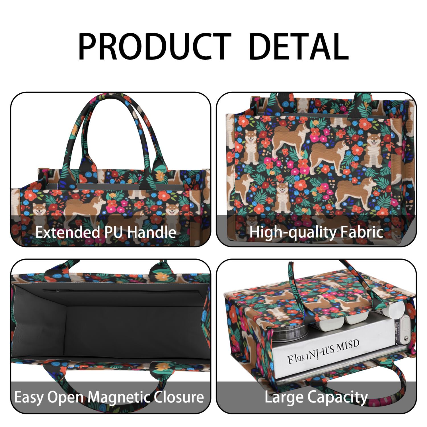 Large Capacity Tote Bag,Shiba Inu Dog and Flower Floral Handbag Fashion Luxury Tote Bag,15.7"x13"x 5.1" Inches,Laptop Compatible