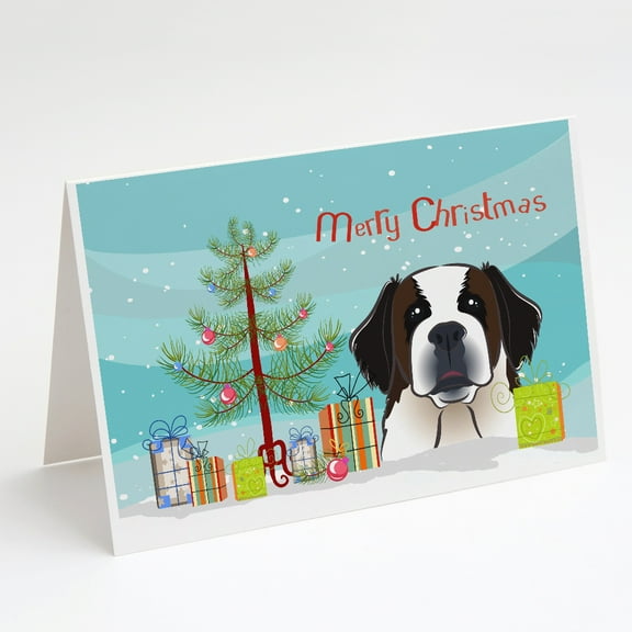Christmas Tree and Saint Bernard Greeting Cards and Envelopes Pack of 8