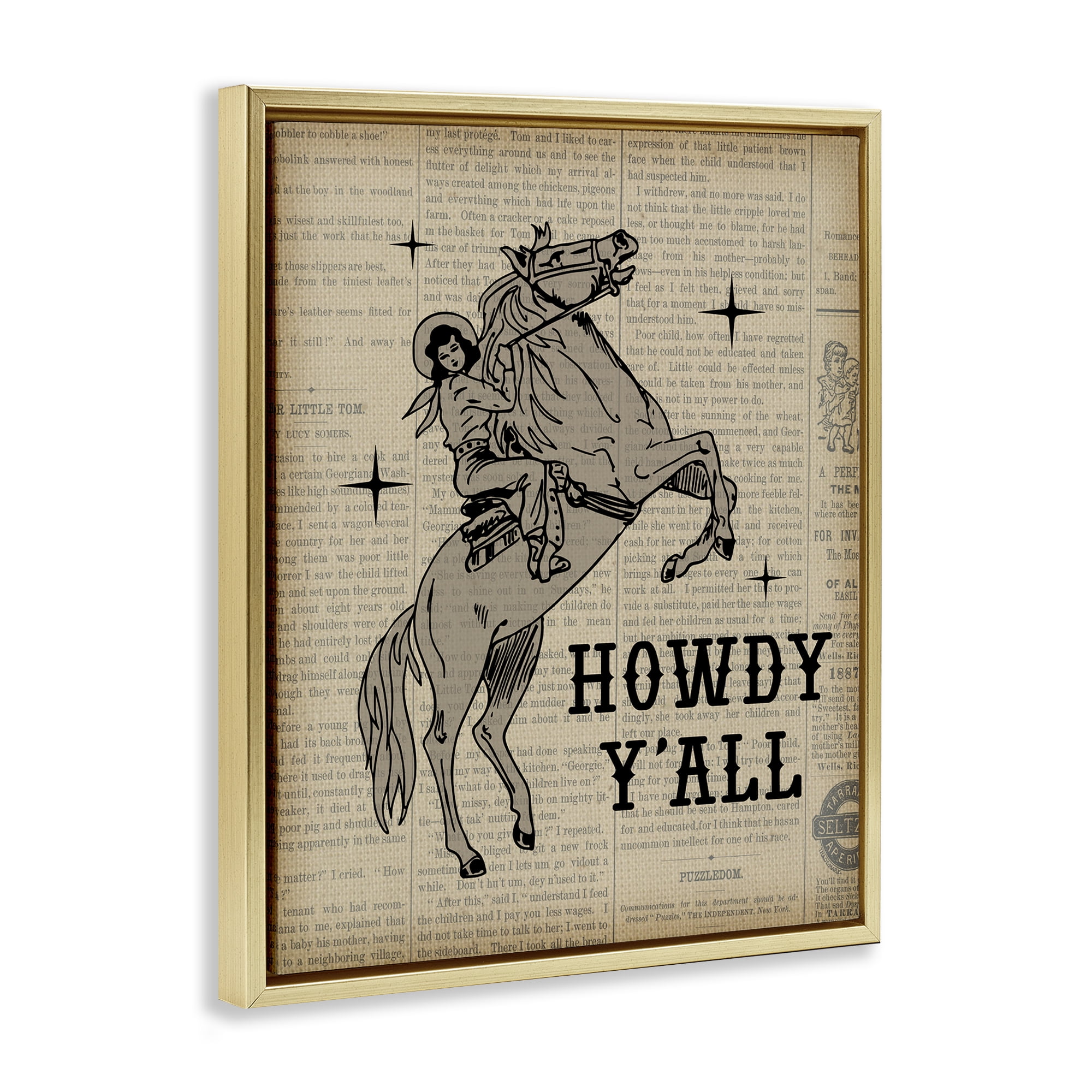 Stupell Industries Howdy Y'all Vintage Newspaper Animals Painting Gold Floater Framed Canvas Art Print Wall Art, 25 x 31