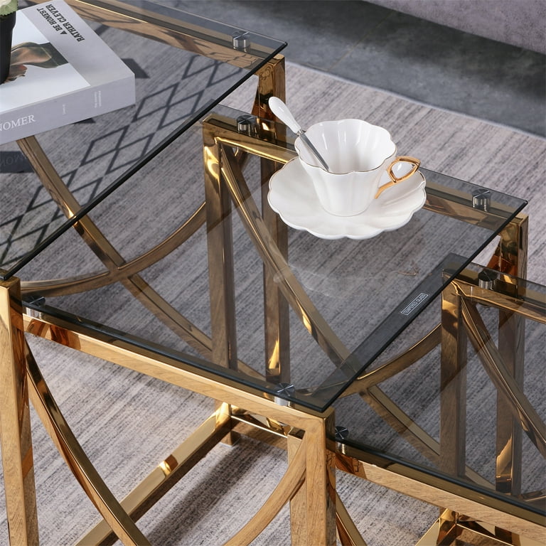 Nesting Coffee Table Set of 3 Glass Side End Tables Small Square