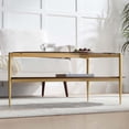 thumbnail image 4 of Rectangle Coffee Table Mid-Century Modern Design L W x H for Living Room - Structure Amber Glass Top and Walnut MDF Shelf Sleek Conical Metal Legs with Gold Finish, 4 of 9