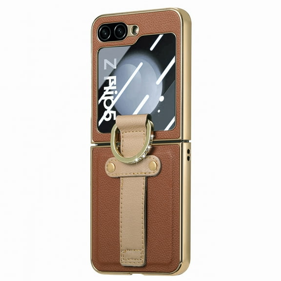 ELEHOLD for Samsung Galaxy Z Flip5 Plating Leather Case,Electroplated Bumper Premium PU Leather Shockproof Case with Built-in Screen Protector Wristband Diamond Ring Holder for Galaxy Z Flip5, Brown
