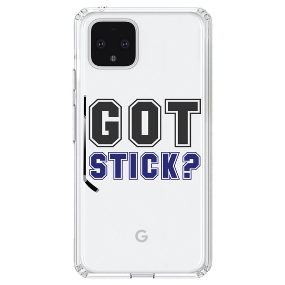 DistinctInk Clear Shockproof Hybrid Case for Google Pixel 4 (6.1" Screen) - TPU Bumper Acrylic Back Tempered Glass Screen Protector - Got Stick? Hockey
