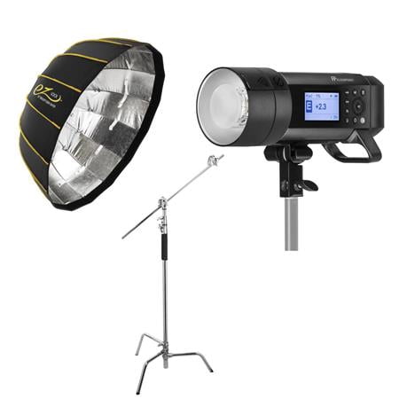 UPC: 0192223117457 | XPLOR 400PRO TTL Battery-Powered Monolight + Glow EZ Lock Collapsible Silver Beauty Dish (34 ) + Flashpoint 10  C (Century) Light Stand on Turtle Base Kit w/40  Grip Arm & 2 Gobo Heads and B