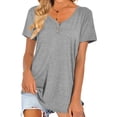 thumbnail image 4 of HUBERY Women Solid Color V Neck Front Buttons Short Sleeve T-Shirt, 4 of 6