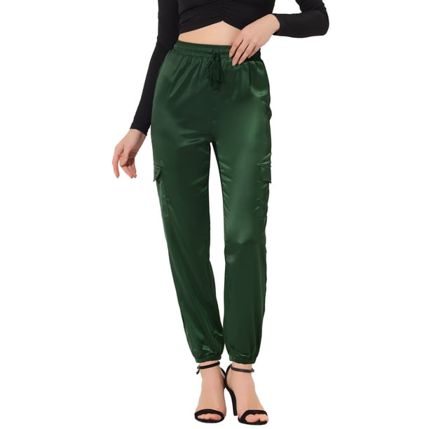 Pantalones cargo de satén sedoso Allegra K tiro alto elástico con cordón mujer Verde oscuro S