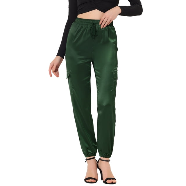 Pantalones cargo de satén sedoso Allegra K tiro alto elástico con cordón mujer Verde oscuro S