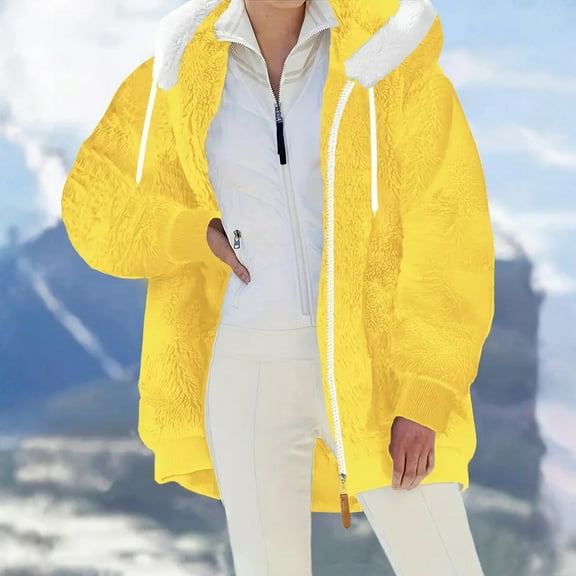 Sherpa Lined Jacket Women Casual Plus Size Fuzzy Fleece Jackets Zip Up Oversized Long Sleeve Warm Winter Coats With Hood Yellow S