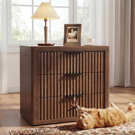 Fluted 3-Drawer Nightstand In Walnut Finish 23 Inch Modern Bedside Table
