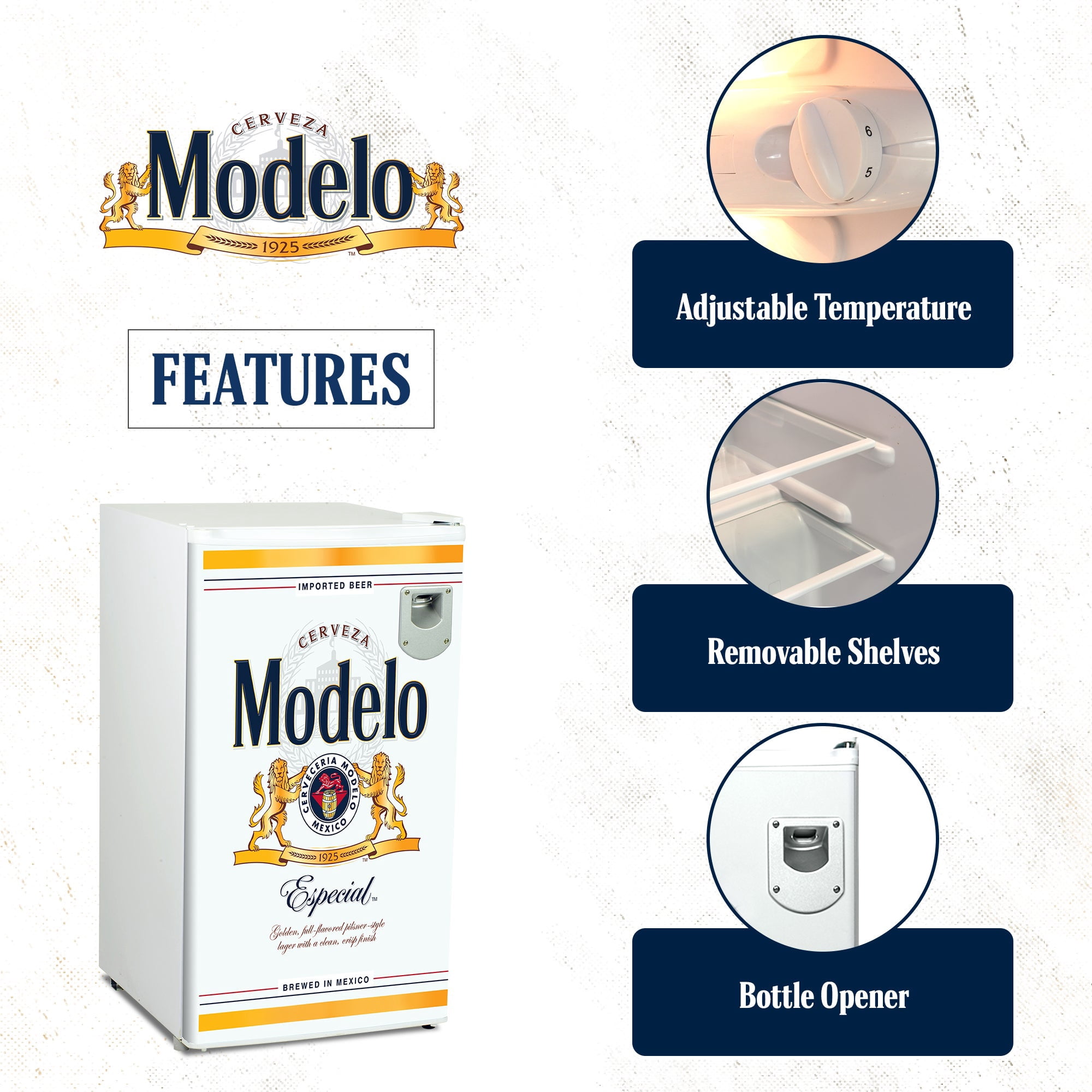 Modelo Compact Fridge w/ Bottle Opener, 3.2 cu ft (90L), White, Space-Saving Flat Back Design, Reversible Door, Tempered Glass Shelves, Licensed Modelo Artwork, Perfect for Beer-Lovers