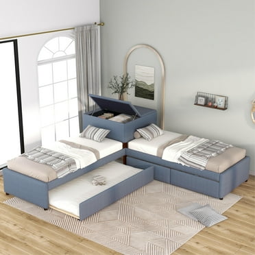 EUROCO Upholstery L-Shaped Twin Platform Bed with Drawers and Trundle,Square Table for Kids Bedroom
