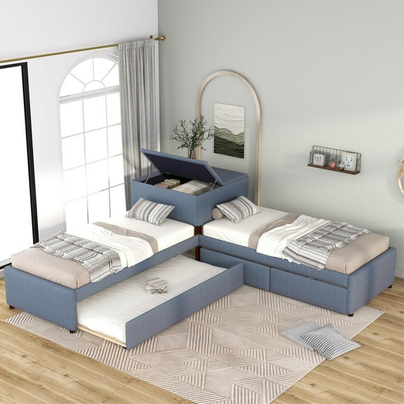EUROCO Upholstery L-Shaped Twin Platform Bed with Drawers and Trundle,Square Table for Bedroom