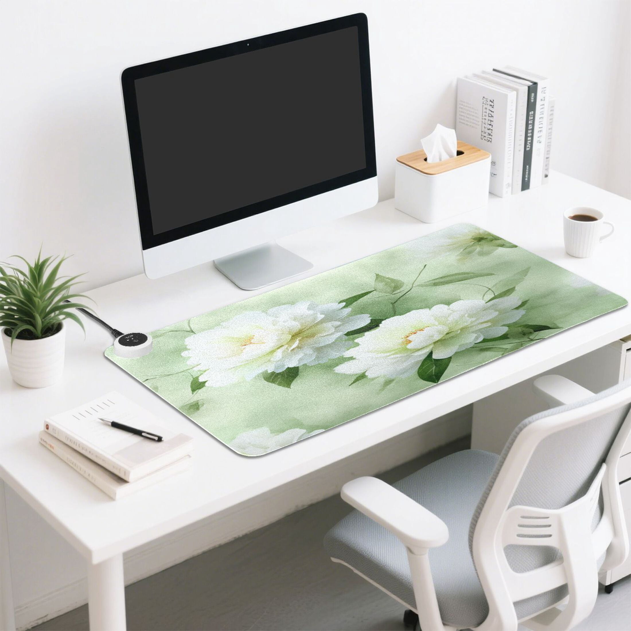 Large Heated Desk Mat Mouse Pad 31.5"x13"PU Leather Graphene Heating Desk Warmer with 3 Temperature Settings 110V US Plug Non-Slip Warm Pad for Home, Office, and Gaming Serene Mint Peony Blooms