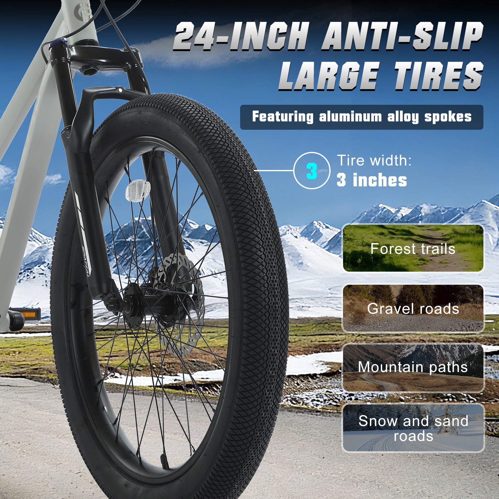 SPATIAL 24 inch Pro Fat Mountain Bike,8-Speed Gears MTB Mountain Bikes,Aluminum Frame Dual Disc Brakes,Cool Gray