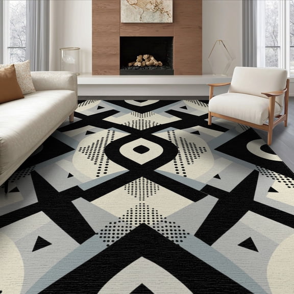 ODIKA 8'x10' Washable Area Rug Composition Retro Abstract Balance Crisp Contemporary Geometric for Living Room, Under Sectional, Family , Durable, Non-Slip