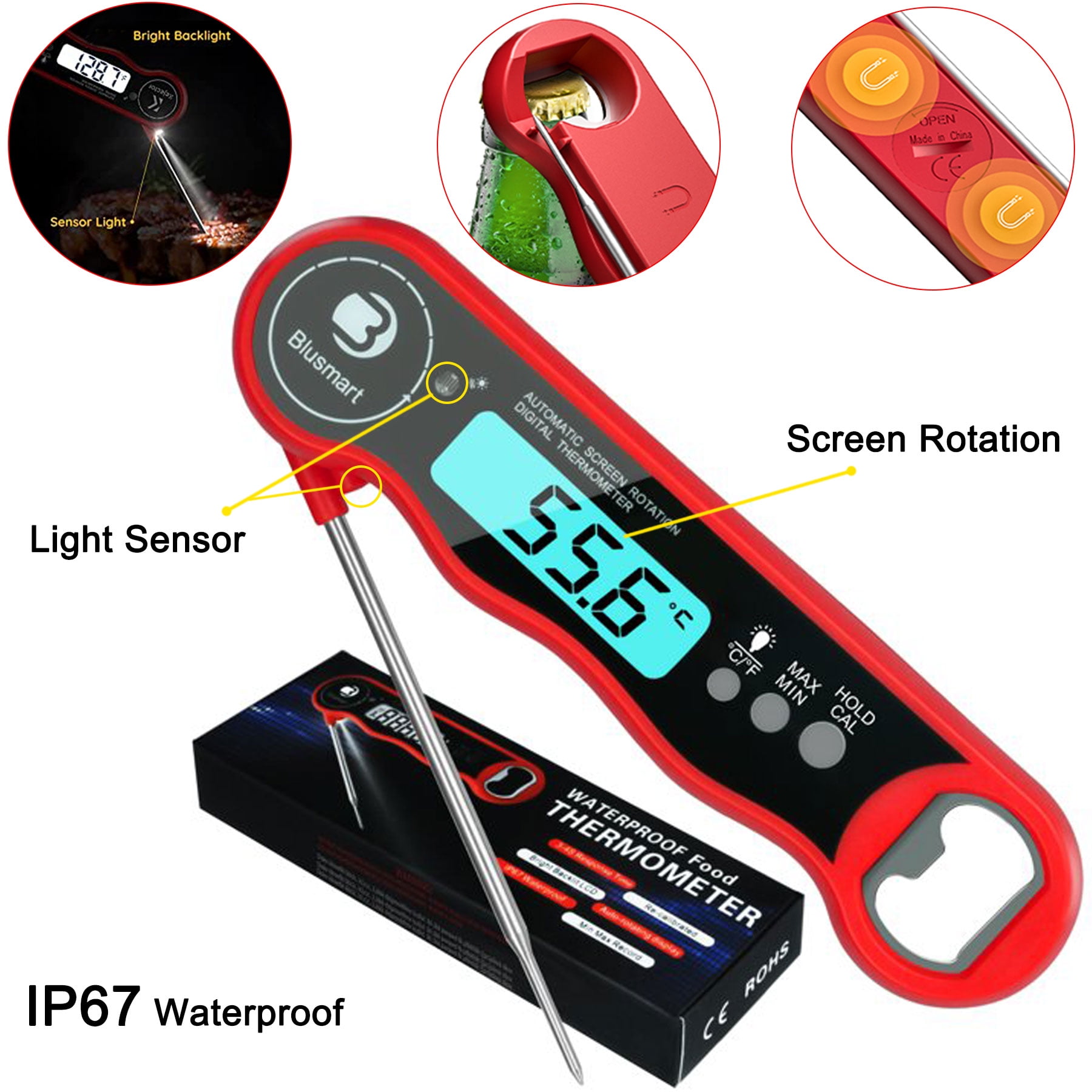 Meat Thermometer for Cooking, Blusmart Instant Read Food Thermometer with Foldable Probe & Probe Light, Backlight, Screen Auto-Rotation and Magnet for Deep Fry, BBQ, Grill and Roast Turkey