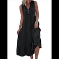 thumbnail image 3 of Vestido Informal para Mujer, Sin Mangas, Cuello en V, Botones, para Playa, con Volantes Escalonados, Falda , Vestidos Midi. Negro M, 3 of 9