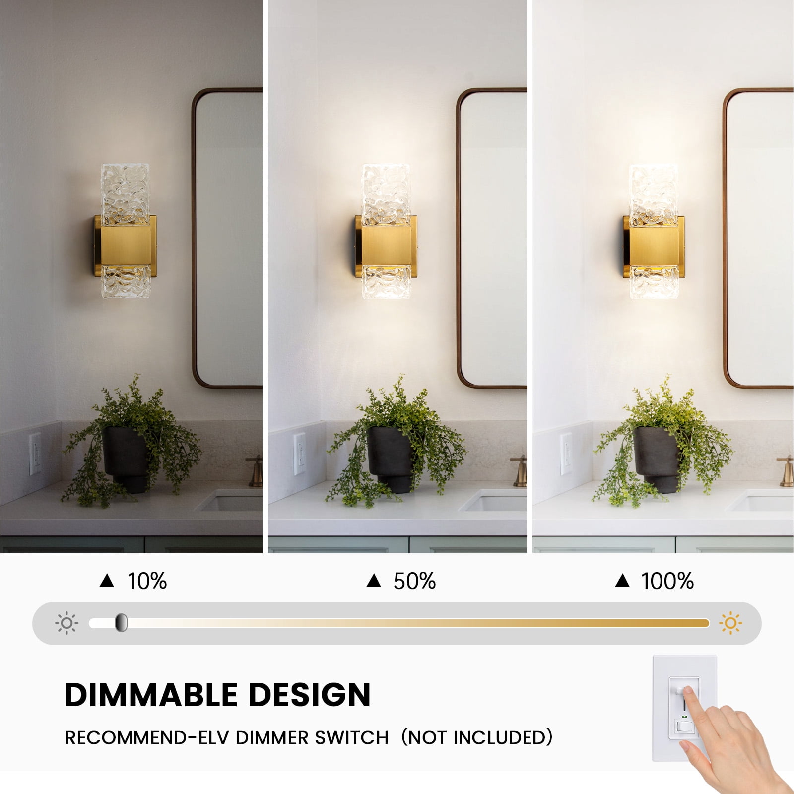 KAISITE Modern 4000K LED  Vanity Lights Brushed Gold  10W  Rectangle Carved Crystal Wall Light, for Bathroom Bedroom Living Room
