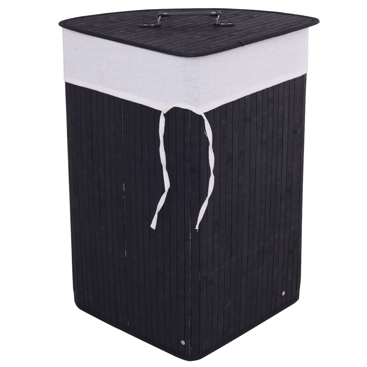 Costway Corner Bamboo Hamper Laundry Basket Washing Cloth Bin Storage Bag Lid Black