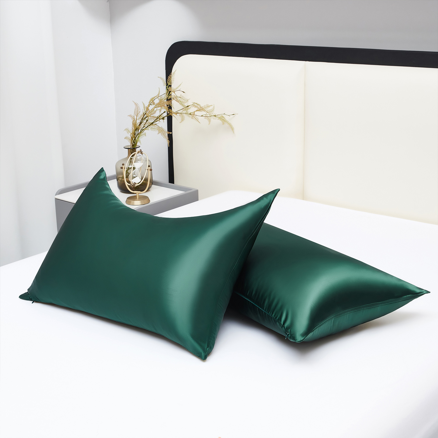 HIG Cooling Curved Pillow Cases 2 Pack King - Silky Soft Stretch Satin Pillow Shams, Dark Green - 20x36 Inches