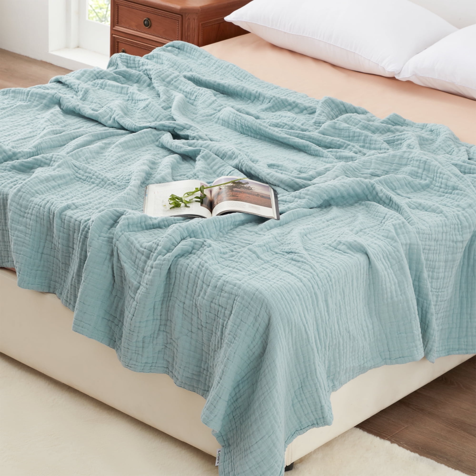 Love's cabin 6 Layer 100% Cotton King Muslin Blankets for Adults, Soft Lightweight Breathable Gauze Blanket for Bed or Couch, 108" x 90" Cyan