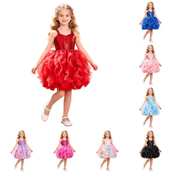 FINALGANG Girls Kids Sweetheart Neck Wide Strap Full Sequin Bodice Ruffled Layered Fluffy Tutu Formal Birthday Party Princess Dress For Child Stylish Dress 2-4 Years