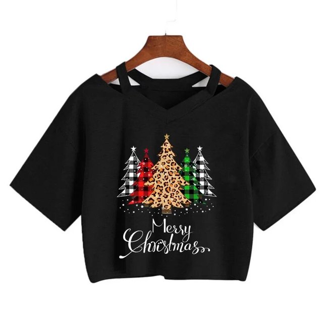 Ropa de Navidad, camiseta de reno, leopardo, árbol, Tops cortos de Feliz Navidad, camiseta de Harajuku gótico para mujer, camiseta de Año Nuevo