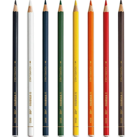 STABILO All Watercolour Effect Pencil - Pack of 8 - Black, White, Blue, Green, Yellow, Orange, Red, Brown