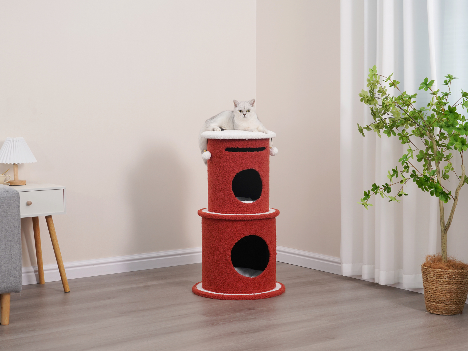 Vibrant Life 3-Level 32.3" High Dynamic Hideaway Cat Condo with Scratching Pad, Red
