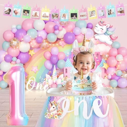 Unicorn 1st Birthday Decorations for Girls, 1st Birthday Decorations Girl, Unicorn One in a Million Backdrop Balloon Banner Box Crown Poster for Pastel One Year Old Party Supplies