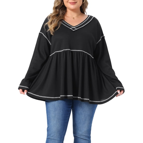 Agnes Orinda Women's Plus Size Halloween Outfits Contrast Stitch V Neck Peplum Tunic Top Waffle Knit Long Sleeve Soft Casual Fall Winter Babydoll Blouse 3X Black