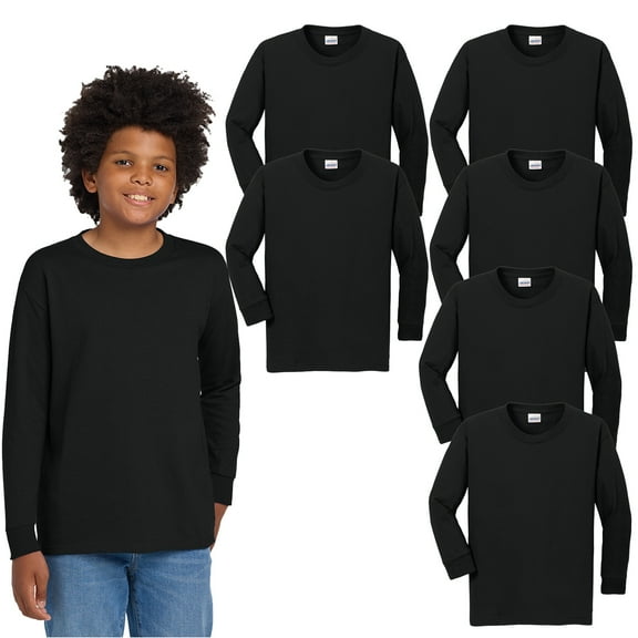 Gildan Long Sleeve Youth Crewneck T-Shirt, Heavy Cotton Classic Fit Tee, Black, 6 Pack, M