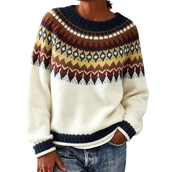 Fair Isle Sweater Women Pullover Sweaters for Women Oversized Sweaters for Women Crew Neck Sweatshirts Women Fall Sweaters Cute Sweaters Vintage Sweater Lightweight Sweaters for Women