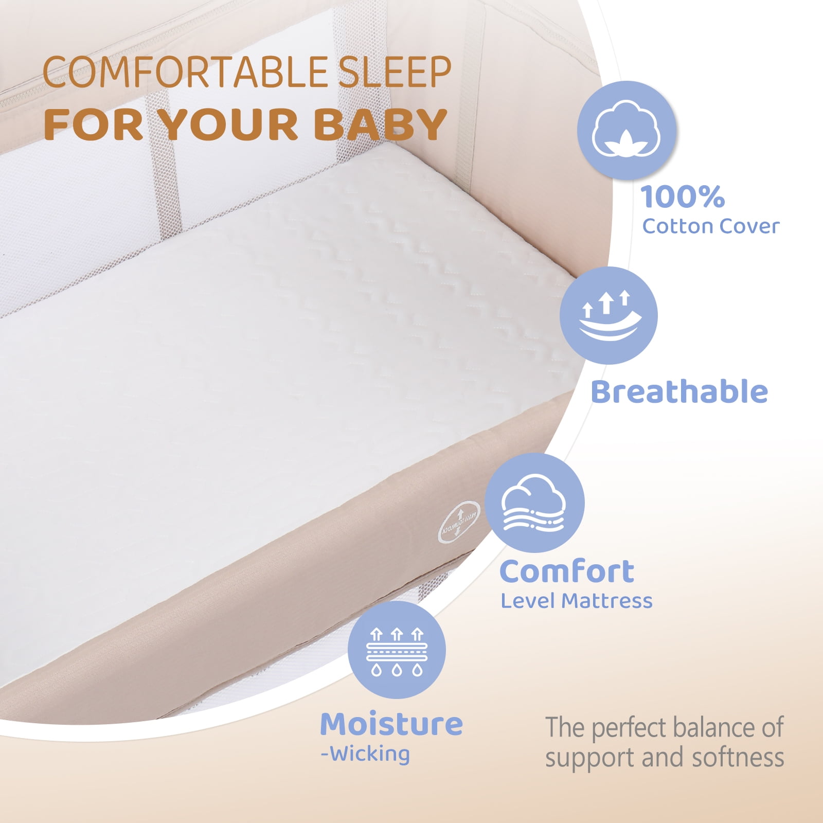 JOYMOR Beige Bedside Bassinet Co-Sleeper, Baby Bassinet Travel Crib for Boys Girls, Infant