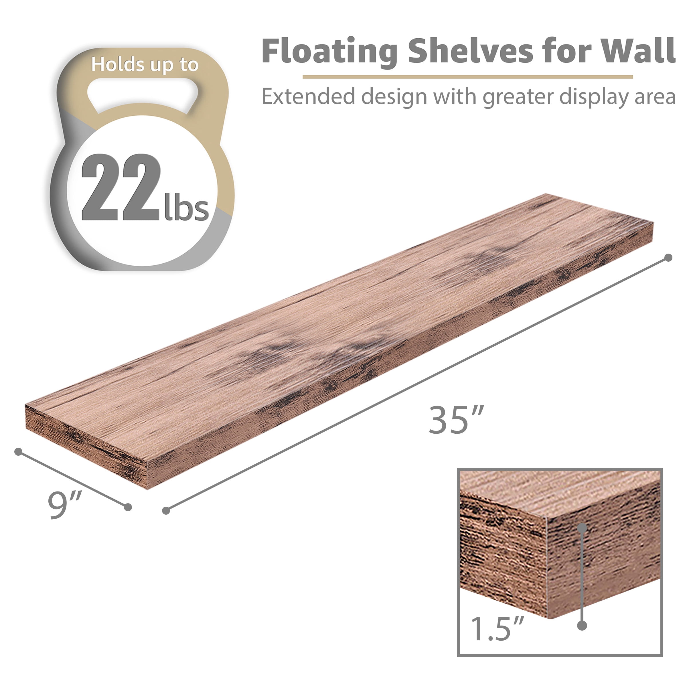 Sorbus Extra Long Floating Rectangle Shelves – 35" L x 9" D x 1.5" H Faux Wood Wall Shelves