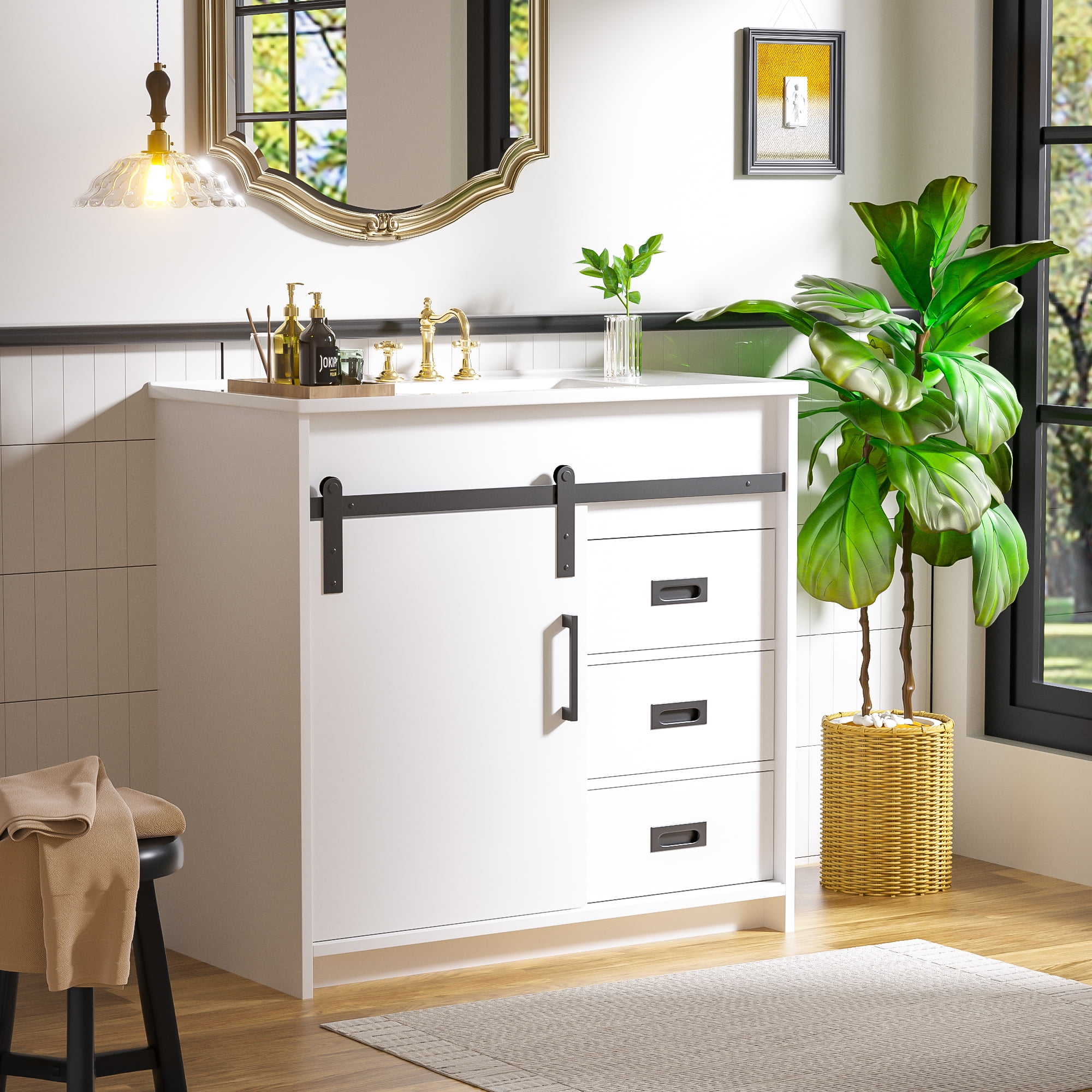 Zidtia 36" Bathroom Vanity Set with Sink, Storage Cabinet with Drawers & Sliding Door, Features Metal Handles, Easy Assembly, White