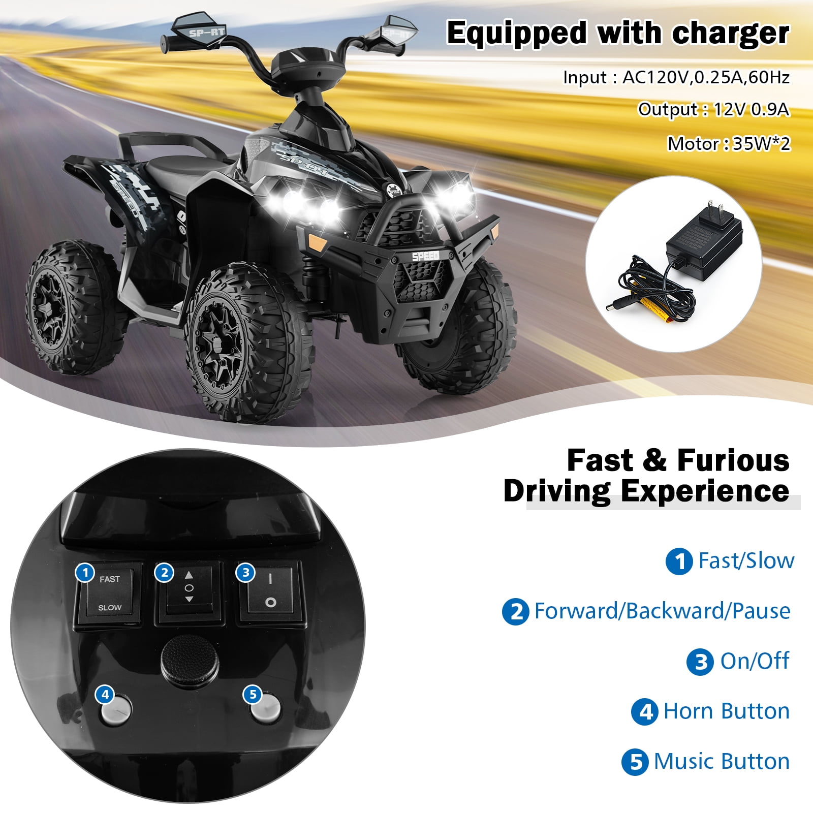 OLAKIDS Kids Ride on ATV, 12V 4-Wheeler Quad Toy Vehicle with Music, Horn, High Low Speeds, LED Lights, Electric Ride On Toy, Battery Powered Wheels Car for Kids Over 3 Years Old