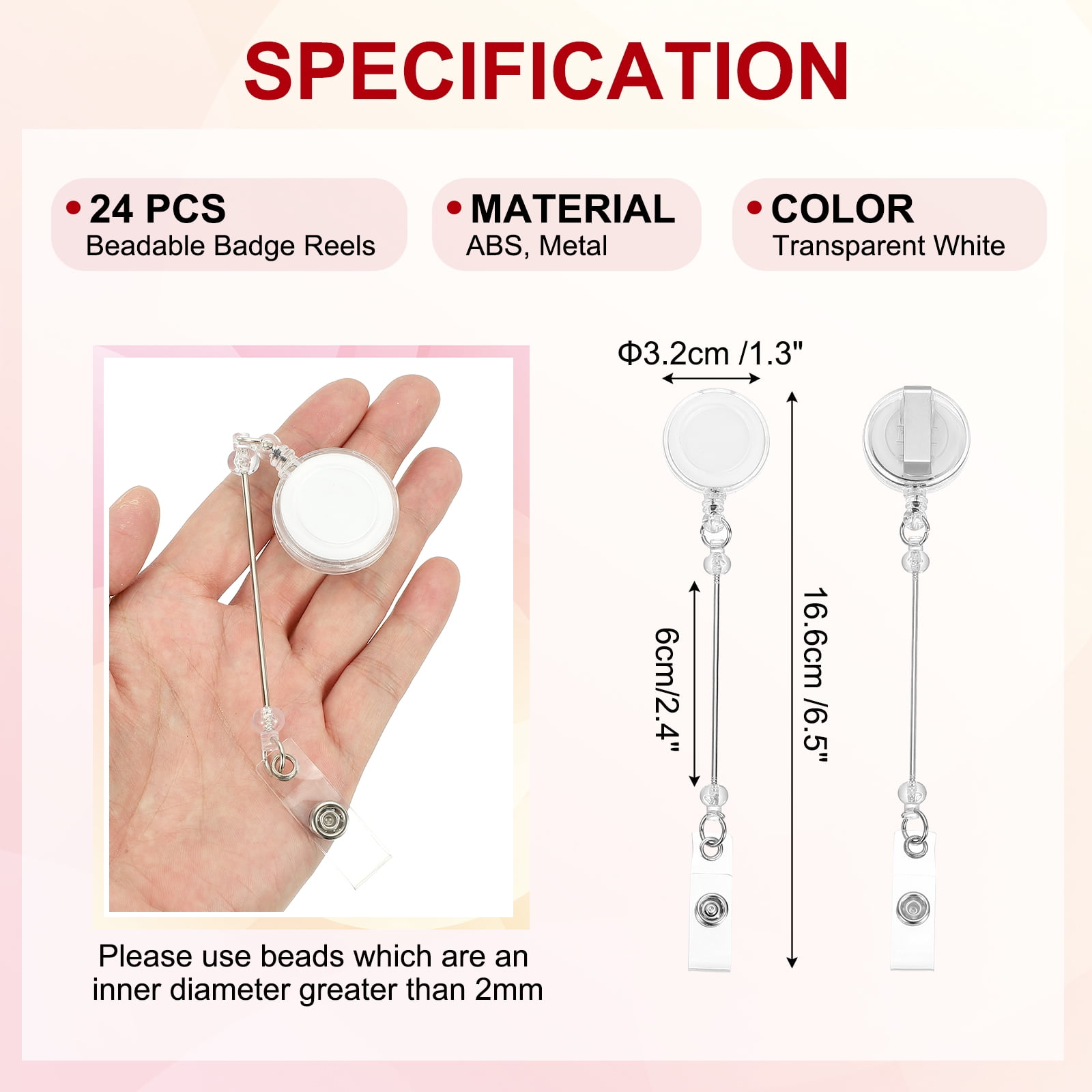 Uxcell Beadable Badge Reels, 24 Pcs Beaded Retractable Clips Holder Badge Reel Bulk Keychain Blank Bar with Belt Clip for ID Name Badge DIY, Office Worker, Transparent White