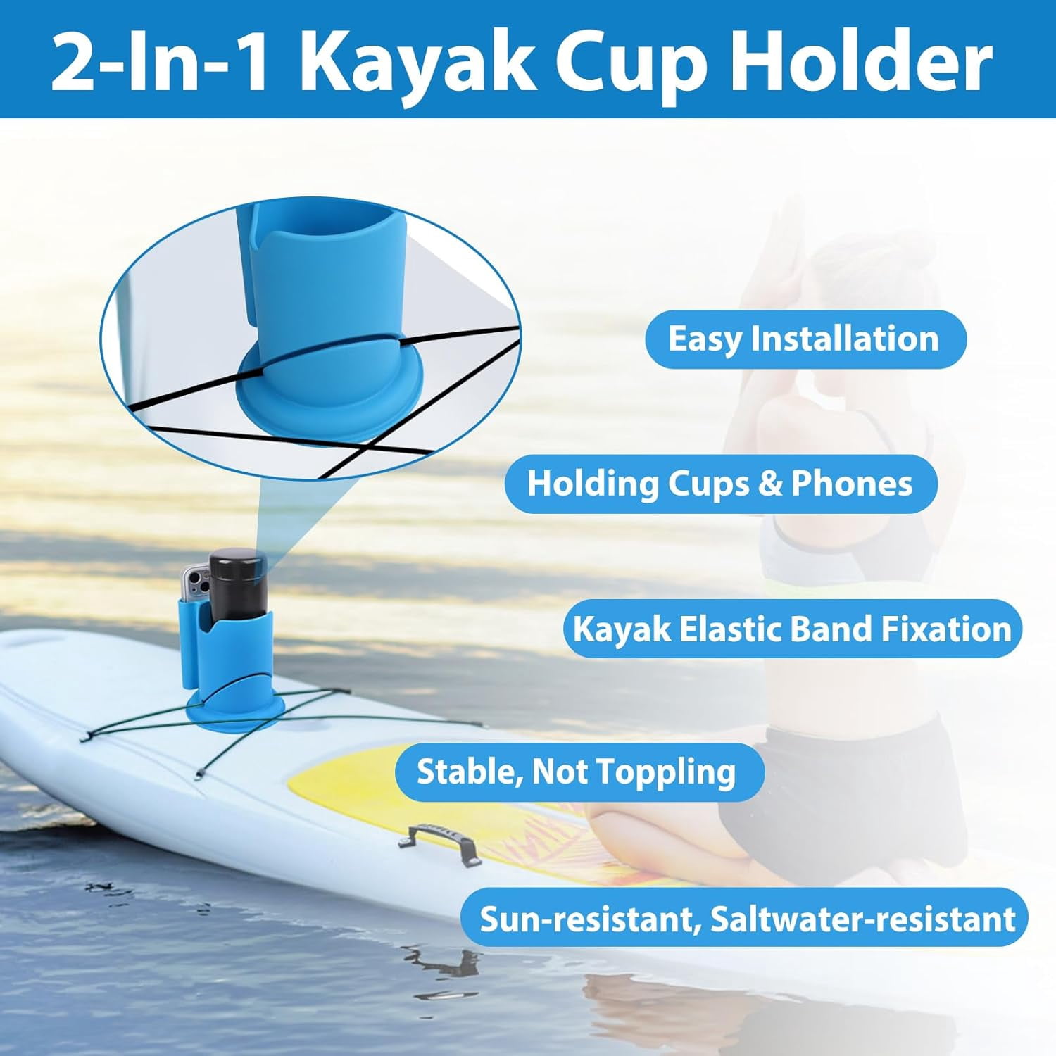 Paddleboard Cup Holder, 2PCS Paddle Board and Kayak Drink Holder, 2-in-1 Drink & Phone Holder, Paddleboard Accessory for Surfboards, Canoes, SUPs, Kayaks, Boats, Fishing, Surfing (Blue)