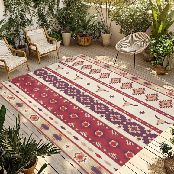 Fsddascl Red Beige Boho Outdoor Rug for Patio/Deck/Porch, Non-Slip Large Area Rug 4 x 6 Ft, Farmhouse Ethnic Tribe Geometric Striped Indoor Outdoor Rugs Washable Area Rugs, Camping Rug Carpet