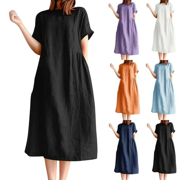 SMihono Maxi Dresses for Women V-Neck Short Sleeve Cotton Linen Dress Casual Loose Fit Bohemian Long Beach Dress with Pockets Black M