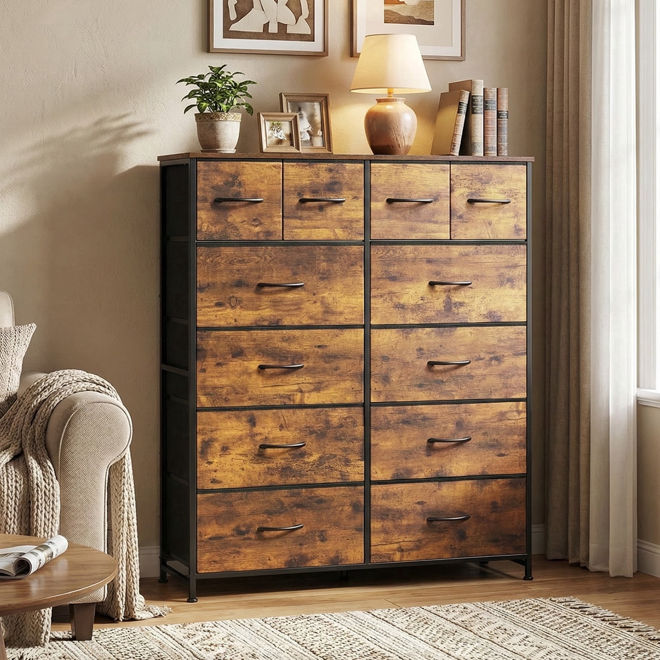 CONCETTA Dresser Storage with 12 Drawers,Structural Stability, Iron Frame Structure and Wood Top for Living room, Home Office, Rust Brown