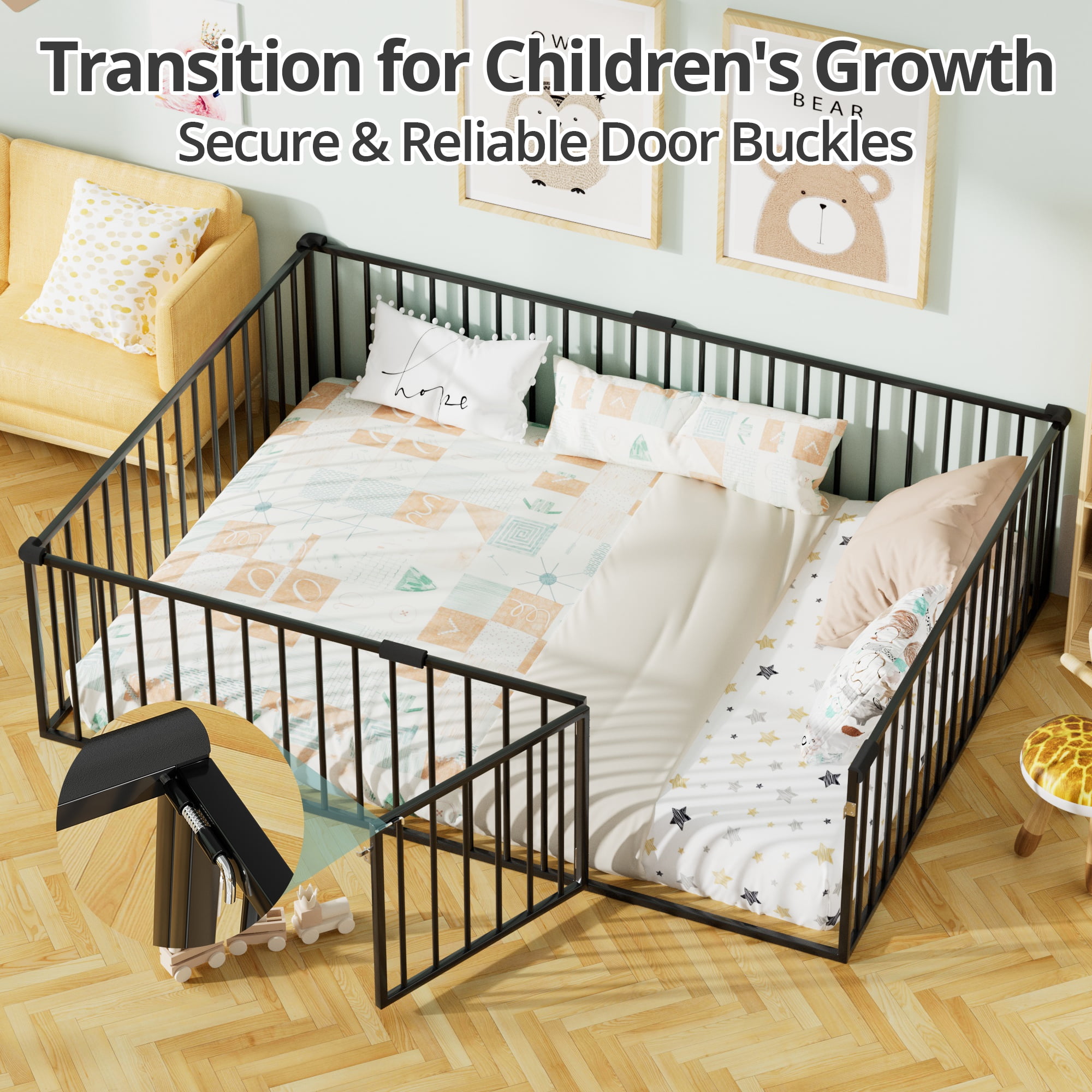 Full Size Montessori Floor Bed, Heavy Duty Metal Floor Bed Frame with Safety Fence and Door, Montessori Floor Bed Frame for Boys and Girls, Black
