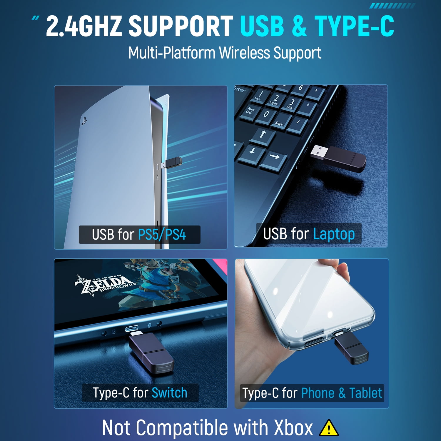 2.4GHz Wireless Gaming Headset for PC, Ps5, Ps4, 2.4 Ghz USB & Type-C Gaming Headphones with Microphone, 40Hr Battery Bluetooth Headphones for Switch, Laptop, Mobile, Mac