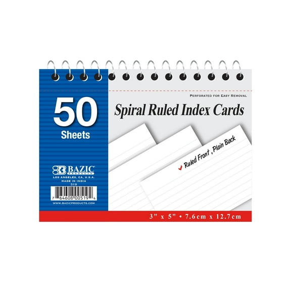 BAZIC 50 Ct. Spiral Bound Index Cards. 3x5 Perforated Flash Cards for School, Stationery, or Office Supplies (White. Case of 36)