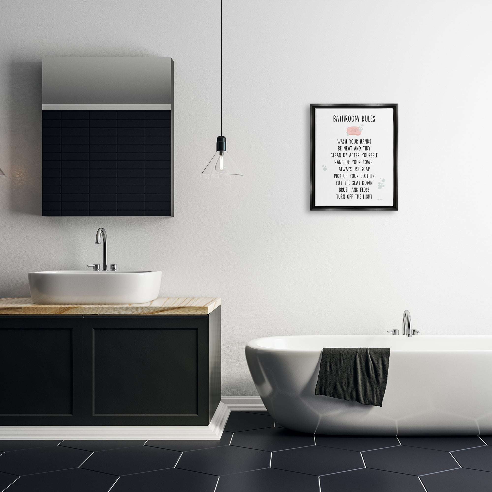Stupell Industries Bathroom Rules List Soap Bubbles Typography Painting Black Floater Framed Art Print Wall Art